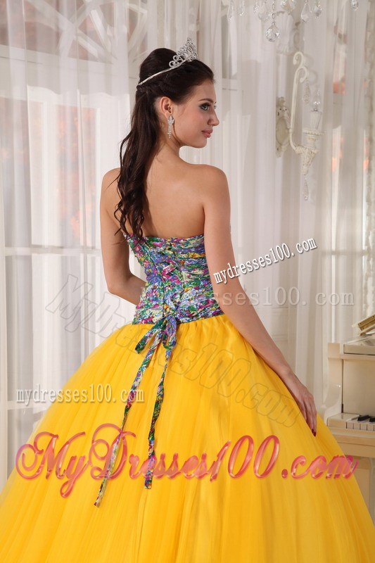 Yellow Organza Ball Gown Quinceanera Gown with Multi-Colored Bodice and Sash