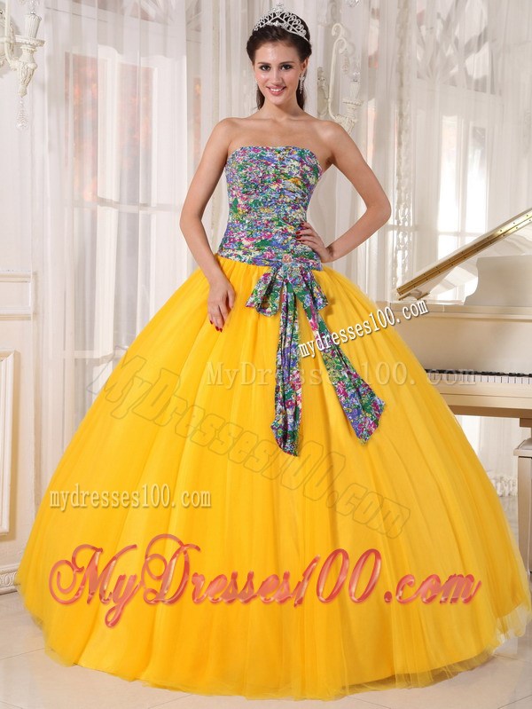 Yellow Organza Ball Gown Quinceanera Gown with Multi-Colored Bodice and Sash