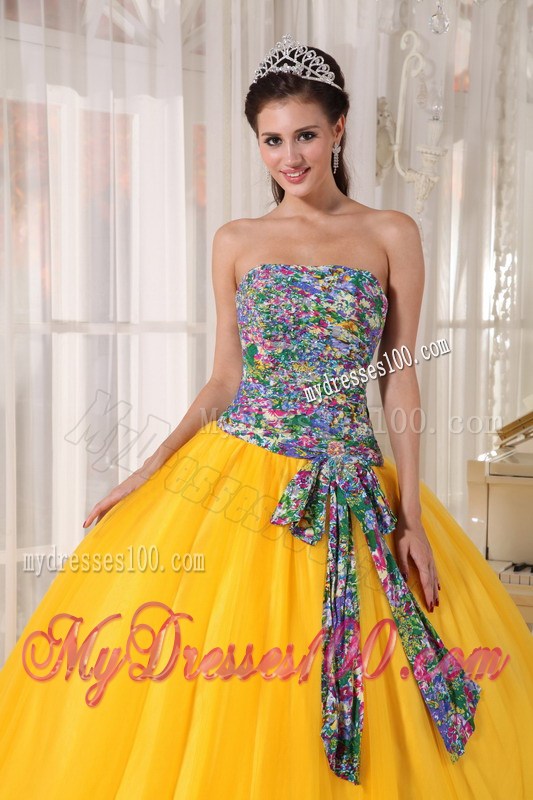 Yellow Organza Ball Gown Quinceanera Gown with Multi-Colored Bodice and Sash