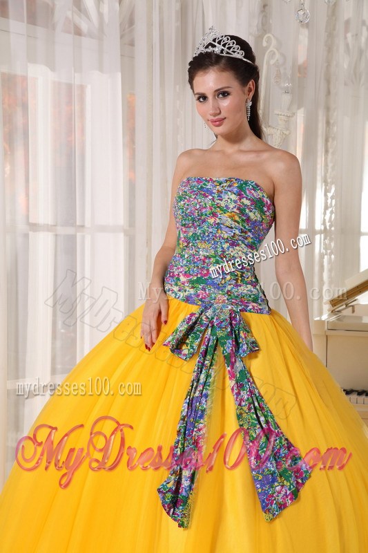 Yellow Organza Ball Gown Quinceanera Gown with Multi-Colored Bodice and Sash