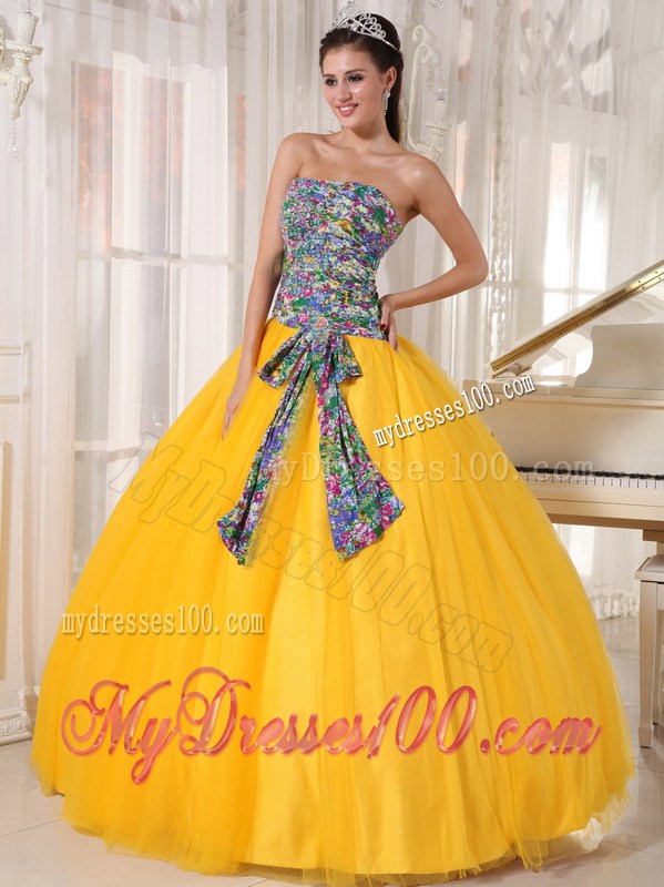 Yellow Organza Ball Gown Quinceanera Gown with Multi-Colored Bodice and Sash