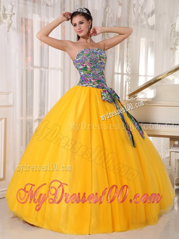 Yellow Organza Ball Gown Quinceanera Gown with Multi-Colored Bodice and Sash