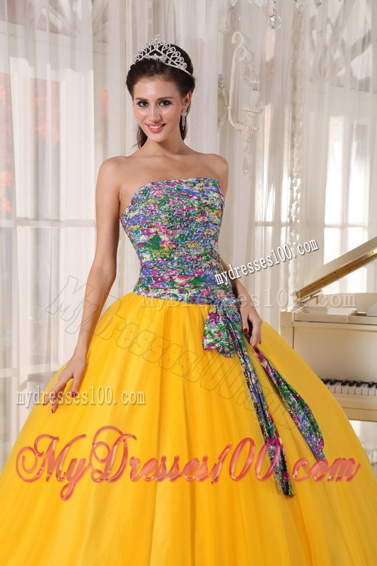 Yellow Organza Ball Gown Quinceanera Gown with Multi-Colored Bodice and Sash