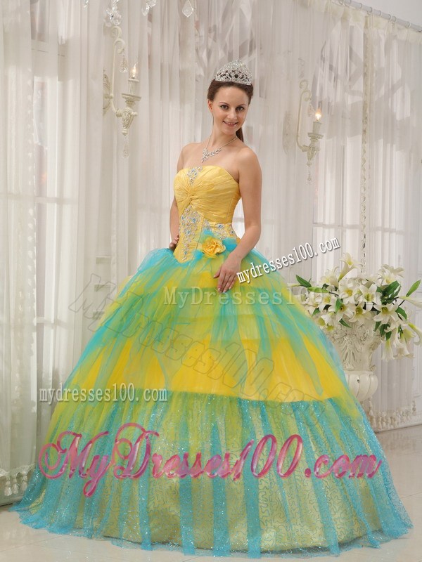 Special Multi-color Beading Tulle Sweet 15 Dresses in Yellow and Blue