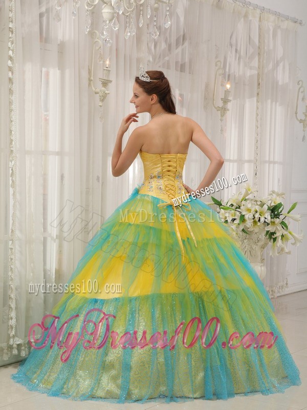 Special Multi-color Beading Tulle Sweet 15 Dresses in Yellow and Blue