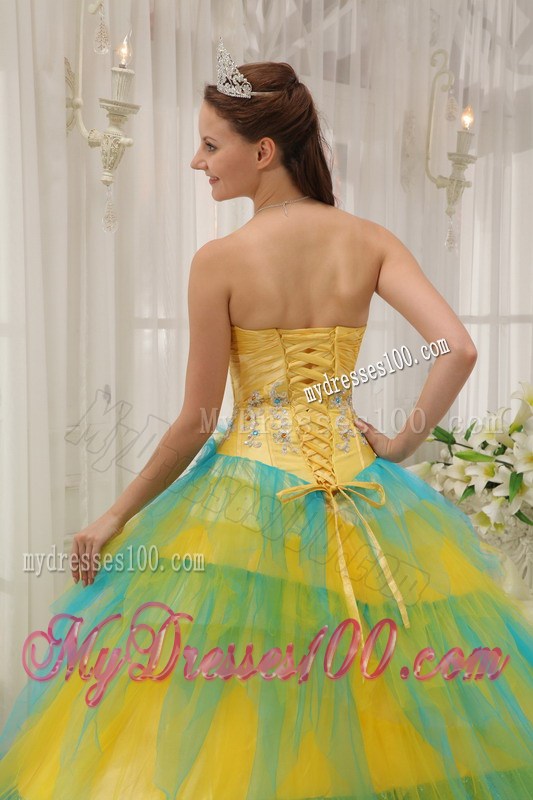 Special Multi-color Beading Tulle Sweet 15 Dresses in Yellow and Blue