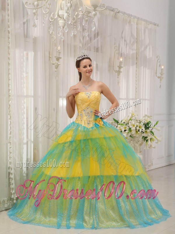 Special Multi-color Beading Tulle Sweet 15 Dresses in Yellow and Blue
