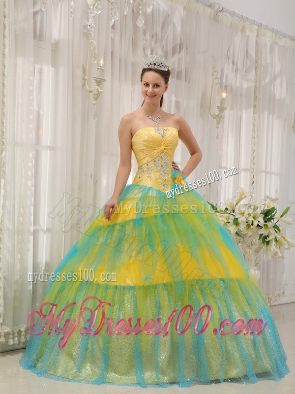 Special Multi-color Beading Tulle Sweet 15 Dresses in Yellow and Blue