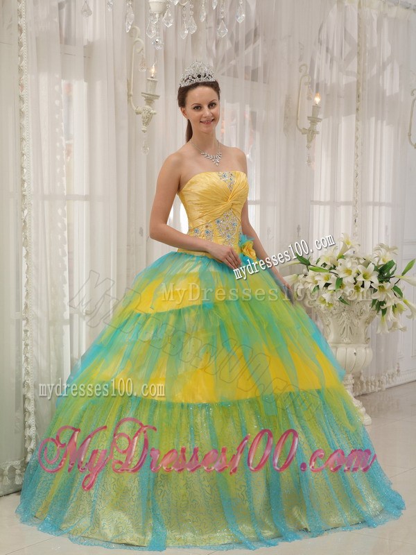 Special Multi-color Beading Tulle Sweet 15 Dresses in Yellow and Blue