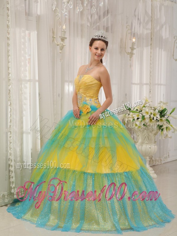 Special Multi-color Beading Tulle Sweet 15 Dresses in Yellow and Blue