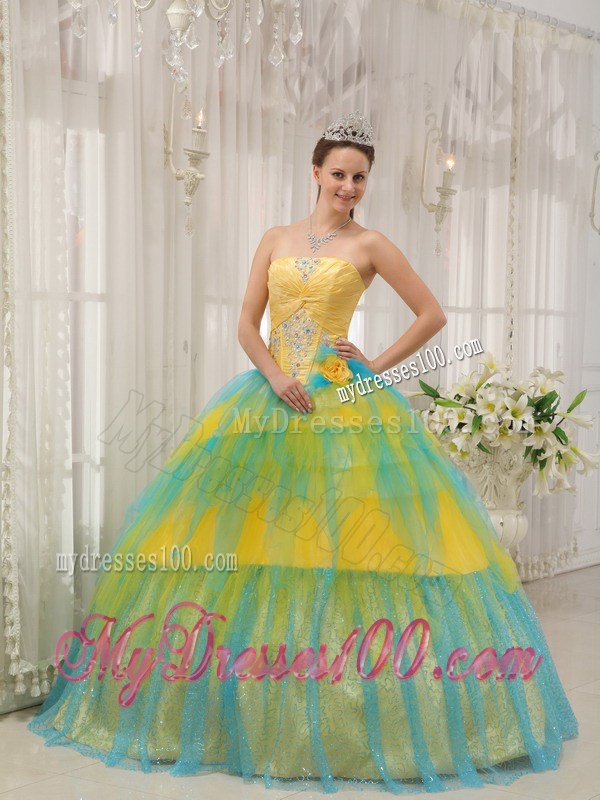Special Multi-color Beading Tulle Sweet 15 Dresses in Yellow and Blue