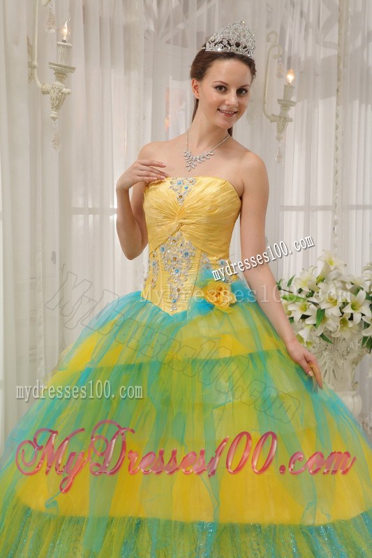 Special Multi-color Beading Tulle Sweet 15 Dresses in Yellow and Blue