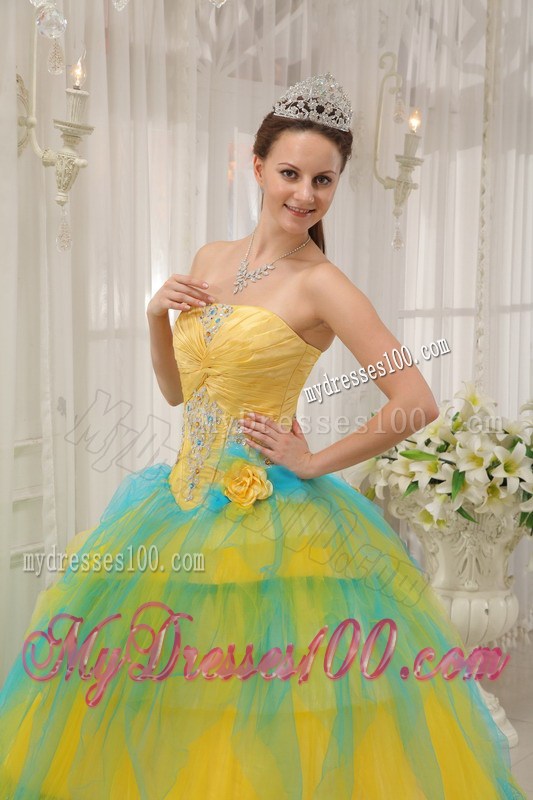 Special Multi-color Beading Tulle Sweet 15 Dresses in Yellow and Blue