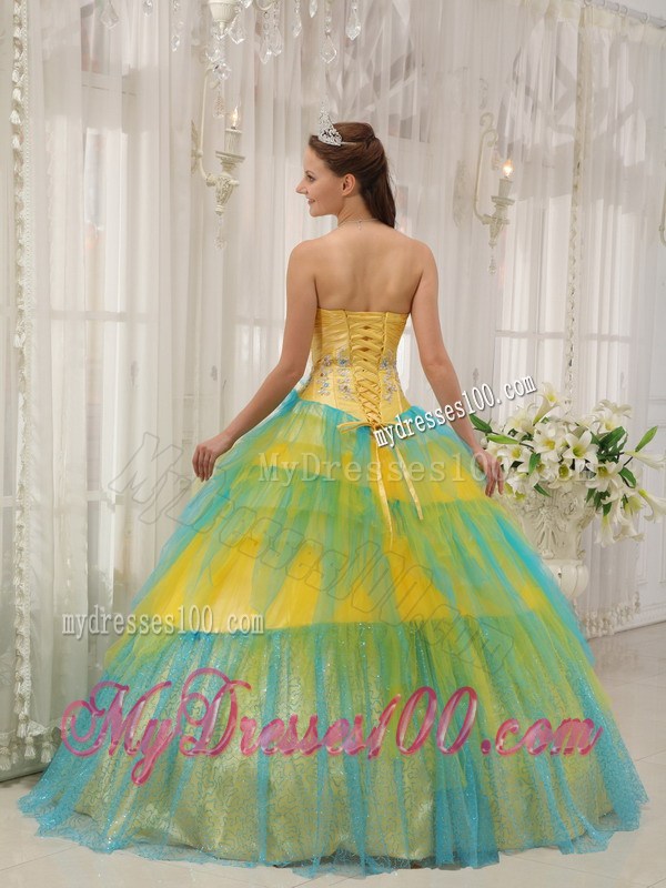 Special Multi-color Beading Tulle Sweet 15 Dresses in Yellow and Blue