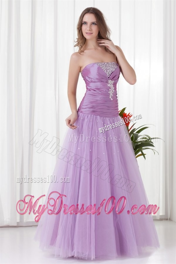 2016 A-line Strapless Lilac Beading Tulle Evening Dress with Lace Up