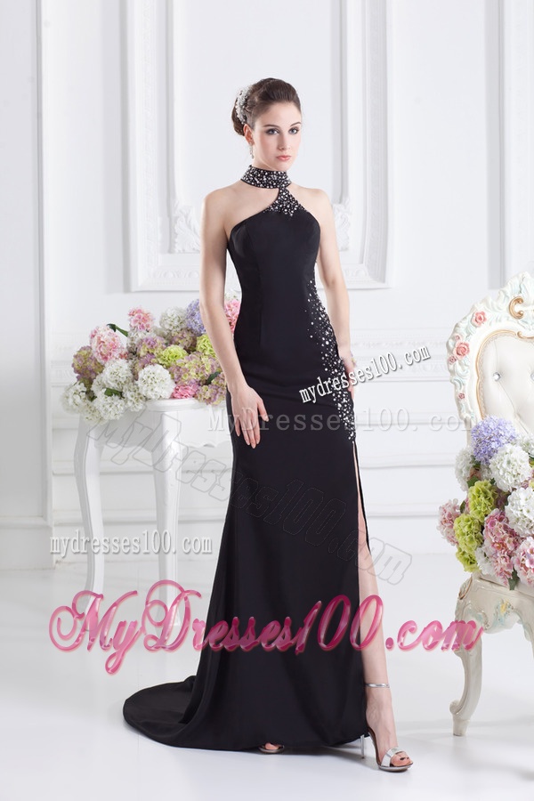 2016 Black Halter Top Empire Evening Dress with Beading