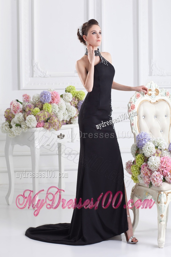 2016 Black Halter Top Empire Evening Dress with Beading