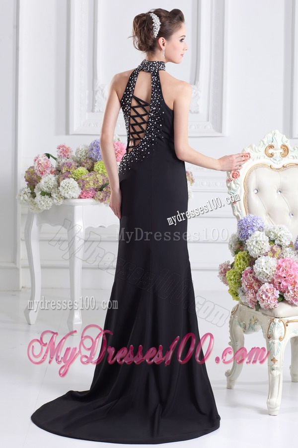 2016 Black Halter Top Empire Evening Dress with Beading