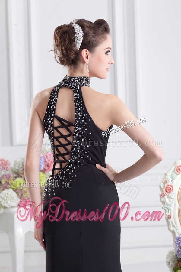 2016 Black Halter Top Empire Evening Dress with Beading