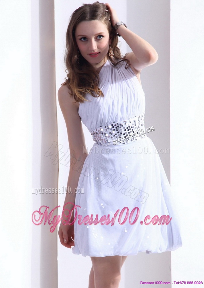 2016 Discount One Shoulder White Evening Dress with Ruching and Sequins