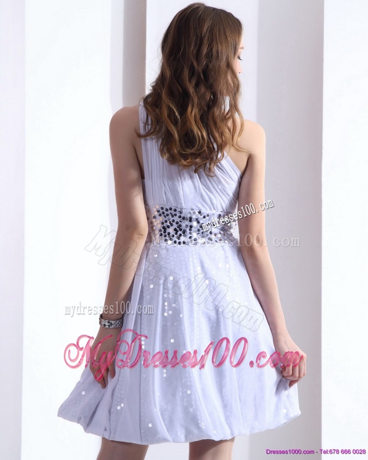 2016 Discount One Shoulder White Evening Dress with Ruching and Sequins