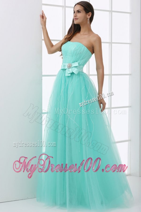 A-line Apple Green Strapless Sash Beading Tulle Evening Dress