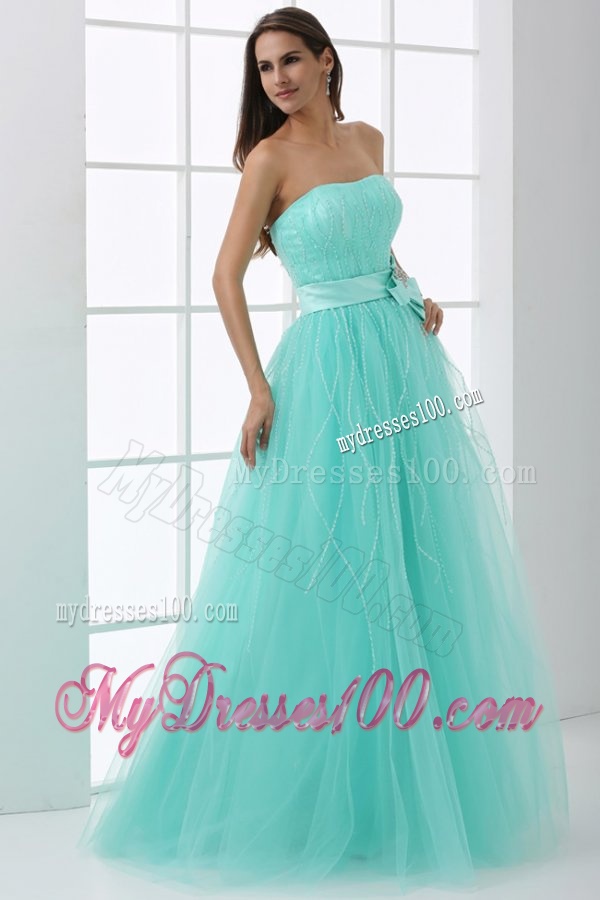 A-line Apple Green Strapless Sash Beading Tulle Evening Dress