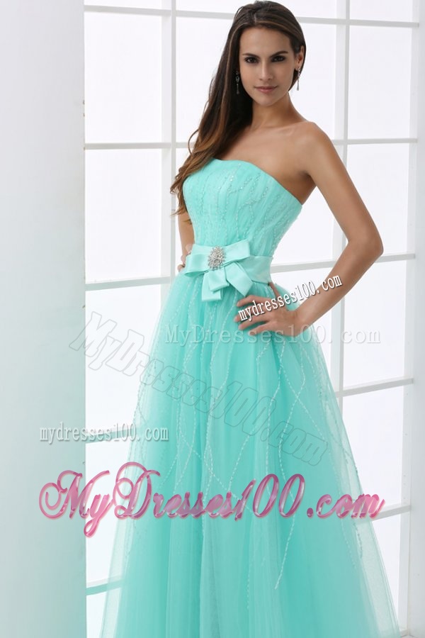 A-line Apple Green Strapless Sash Beading Tulle Evening Dress