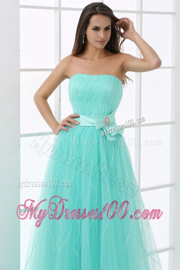 A-line Apple Green Strapless Sash Beading Tulle Evening Dress