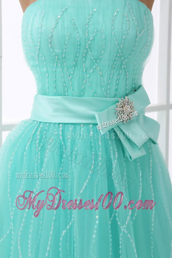 A-line Apple Green Strapless Sash Beading Tulle Evening Dress