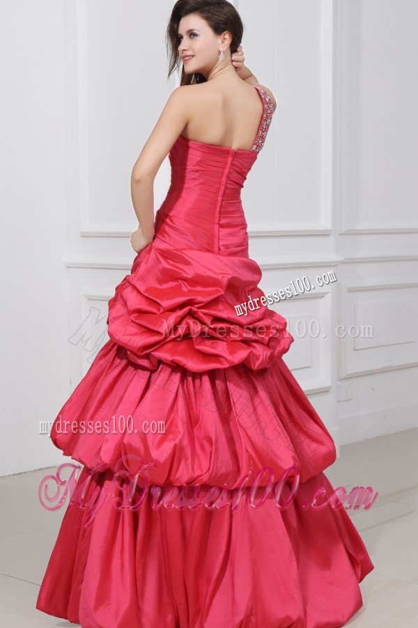 A-line Beaded Decorate One Shoulder Floor-length Evening Dress in Coral Red