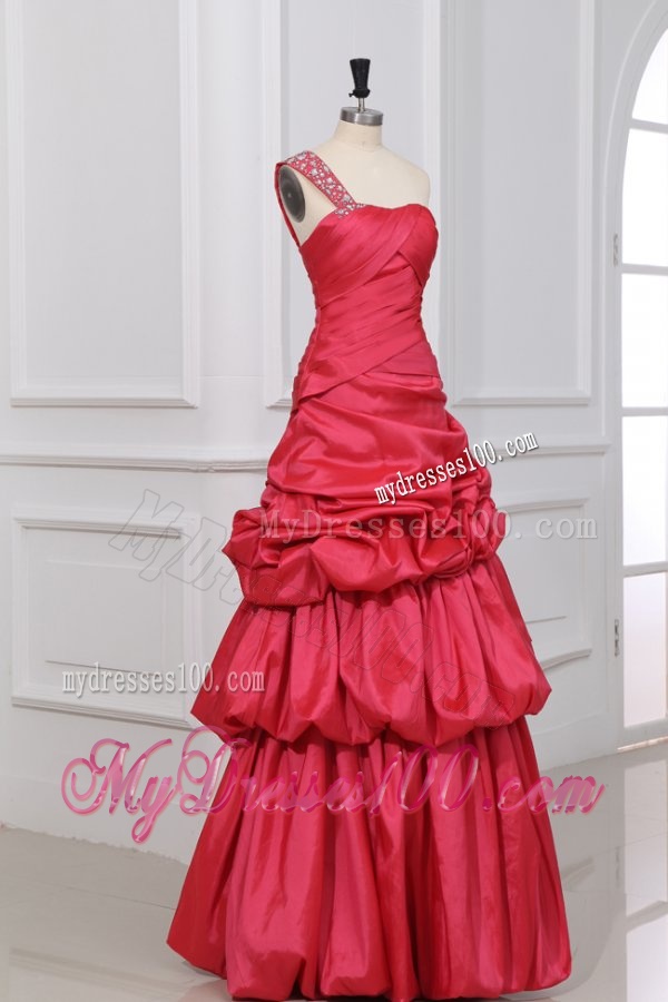 A-line Beaded Decorate One Shoulder Floor-length Evening Dress in Coral Red