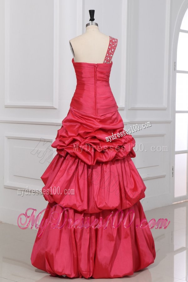 A-line Beaded Decorate One Shoulder Floor-length Evening Dress in Coral Red