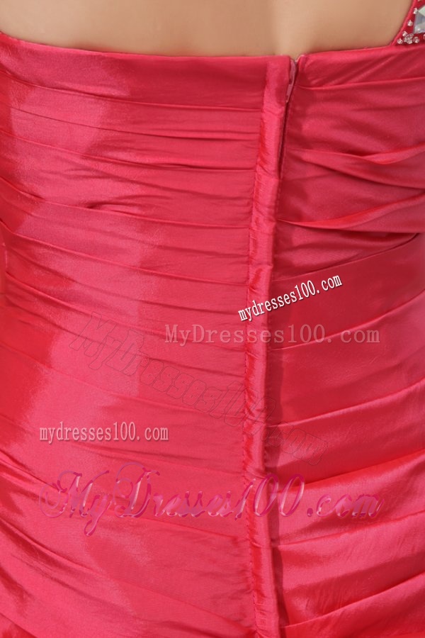 A-line Beaded Decorate One Shoulder Floor-length Evening Dress in Coral Red