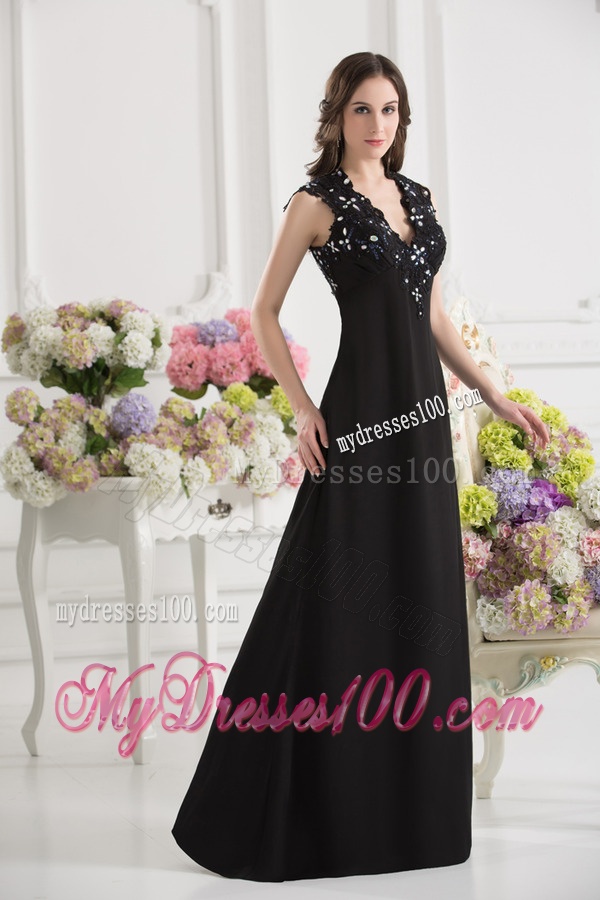 A-line V-neck Chiffon Beading Floor-length Evening Dress in Black