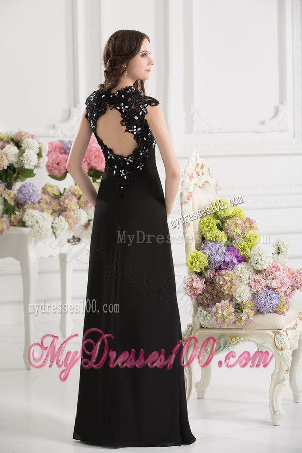 A-line V-neck Chiffon Beading Floor-length Evening Dress in Black