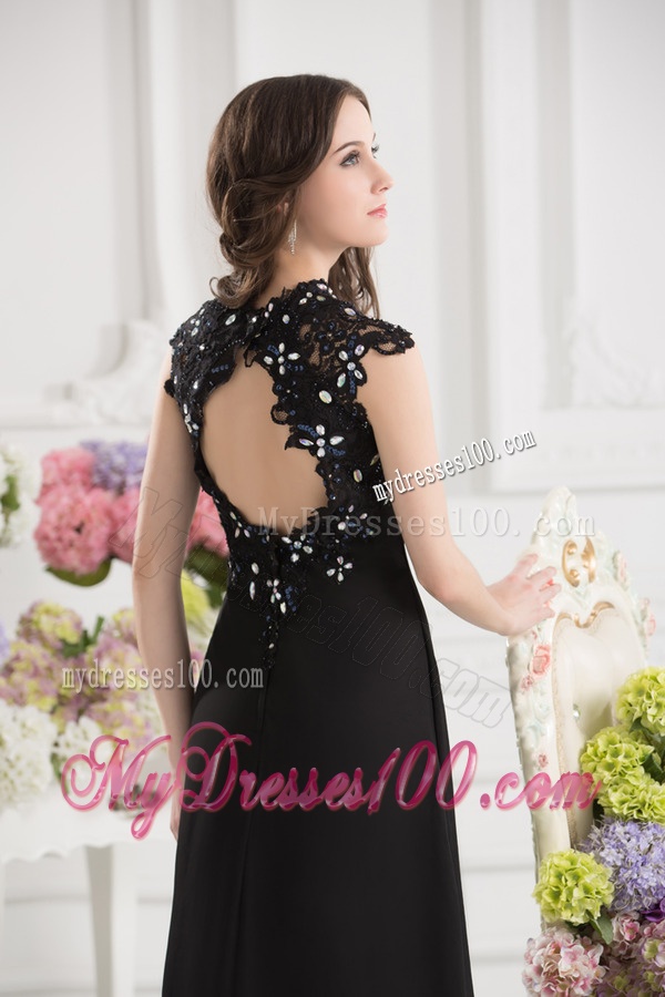 A-line V-neck Chiffon Beading Floor-length Evening Dress in Black