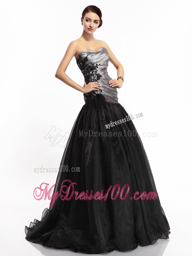 Appliques Ruching Brush Train Evening Dresses in Sliver and Black