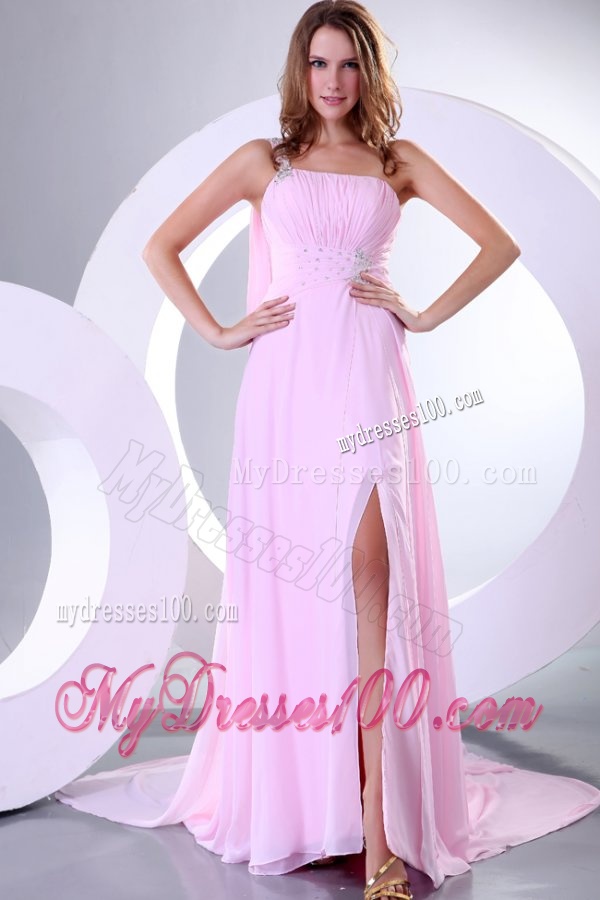 Beading and Ruche One Shoulder Baby Pink Watteau Train Evening Dress