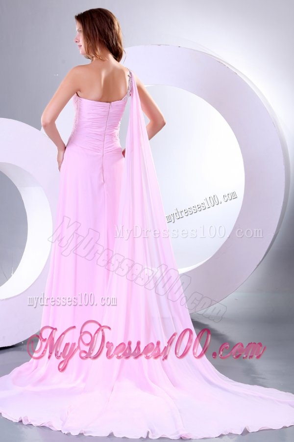 Beading and Ruche One Shoulder Baby Pink Watteau Train Evening Dress