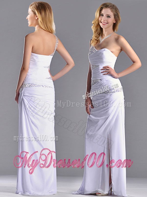 Cheap Beaded and Ruched Decorated Bodice Evening Dress with One Shoulder