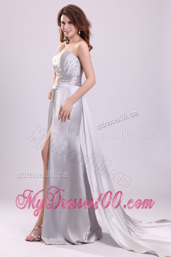 Column Beading and Ruching High Slit One Shoulder Watteau Train Evening Dress