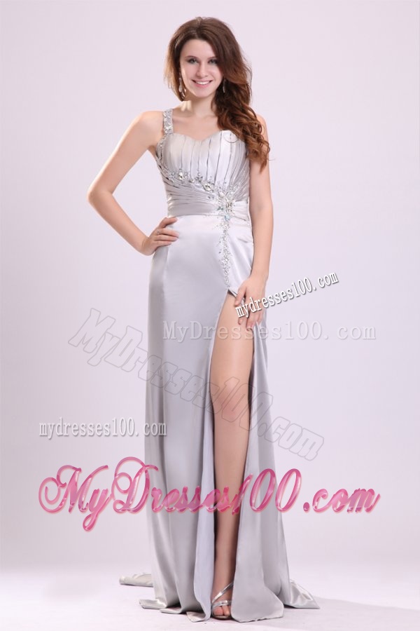 Column Beading and Ruching High Slit One Shoulder Watteau Train Evening Dress