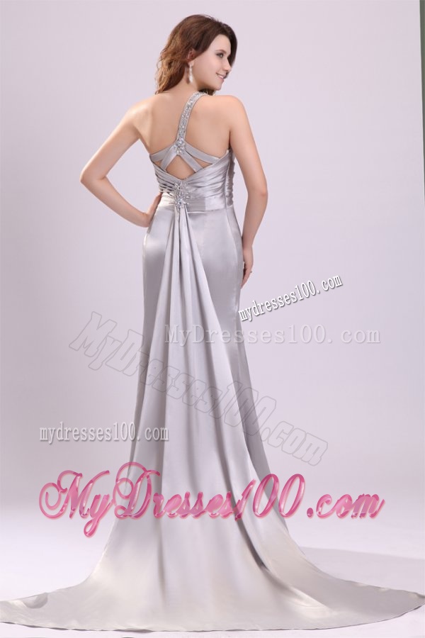 Column Beading and Ruching High Slit One Shoulder Watteau Train Evening Dress