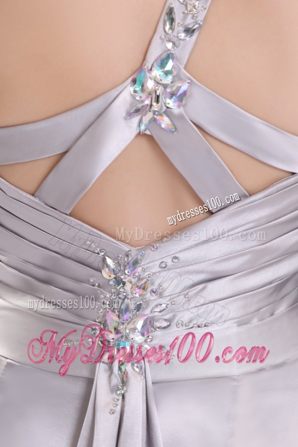 Column Beading and Ruching High Slit One Shoulder Watteau Train Evening Dress