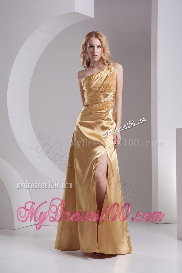Column One Shoulder High Slit Beading Ruching Taffeta Evening Dress in Gold