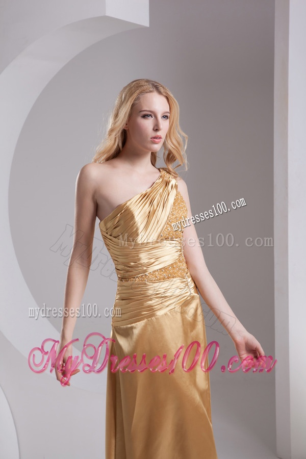 Column One Shoulder High Slit Beading Ruching Taffeta Evening Dress in Gold