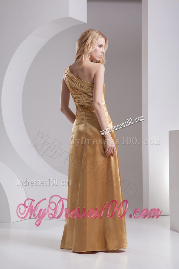 Column One Shoulder High Slit Beading Ruching Taffeta Evening Dress in Gold