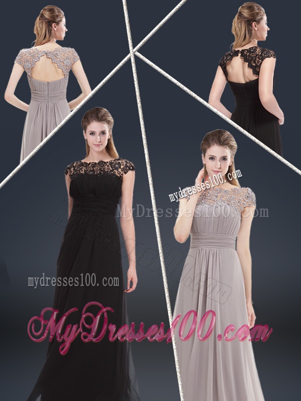 Elegant Empire Cap Sleeves Beading and Ruching Evening Dresses