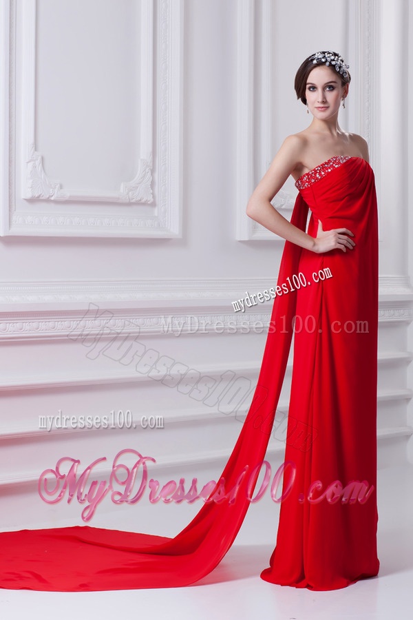 Empire Red Strapless Beading Chiffon Watteau Train Evening Dress